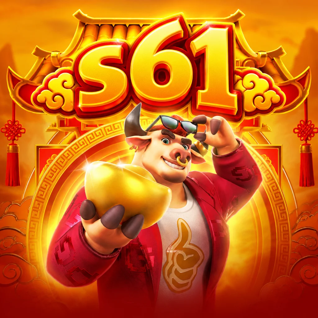 s61 karakter banteng Fortune Ox memegang sebongkah emas di depan gerbang bergaya oriental