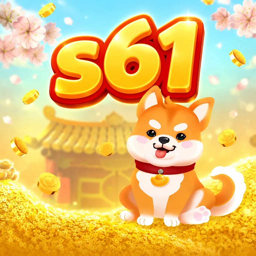 s61 karakter anjing Shiba Inu Win Win Won di atas tumpukan koin emas dengan latar bunga sakura